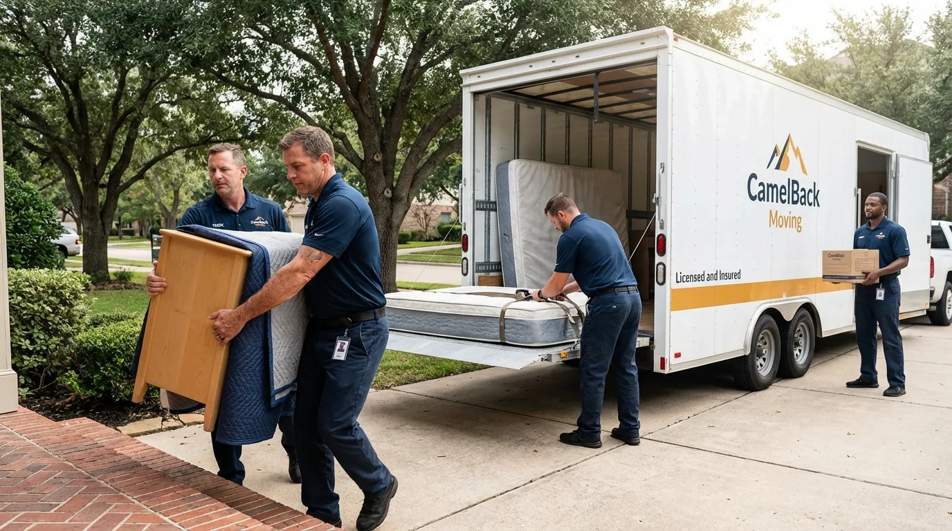 Crew loading residential truck for cross-state move from Crestview, FL