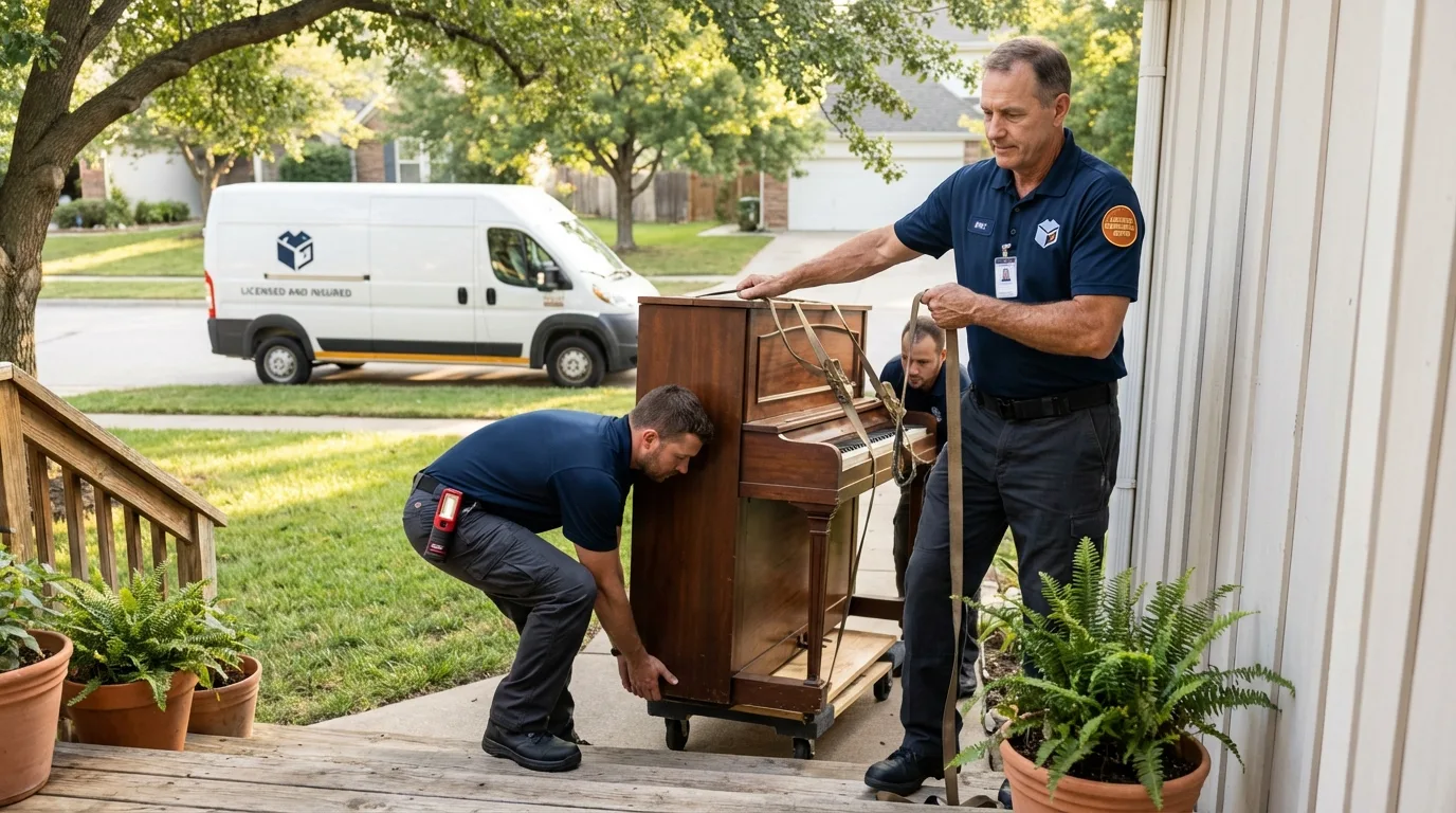 Licensed piano movers securing grand piano in Crestview, FL