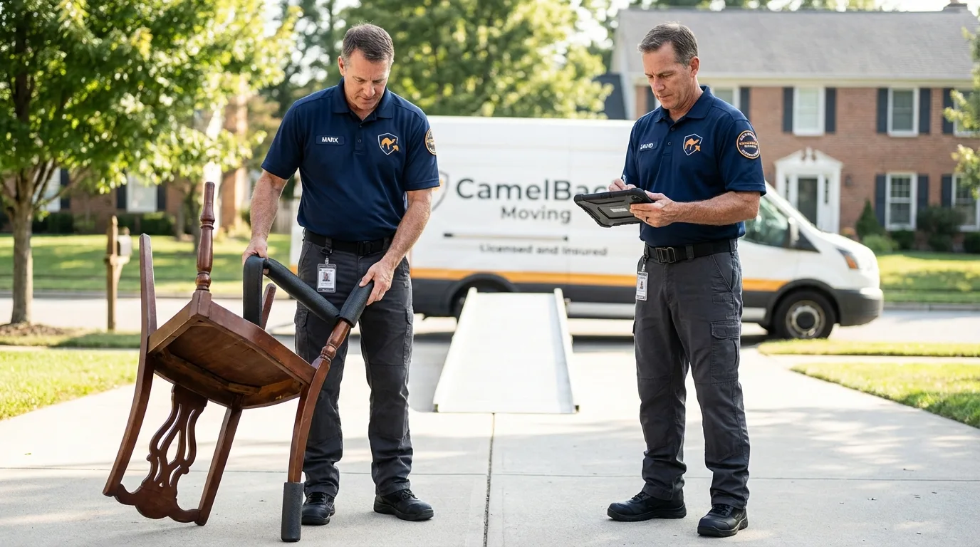 Movers inspecting furniture for damage prevention before loading in Crestview, FL