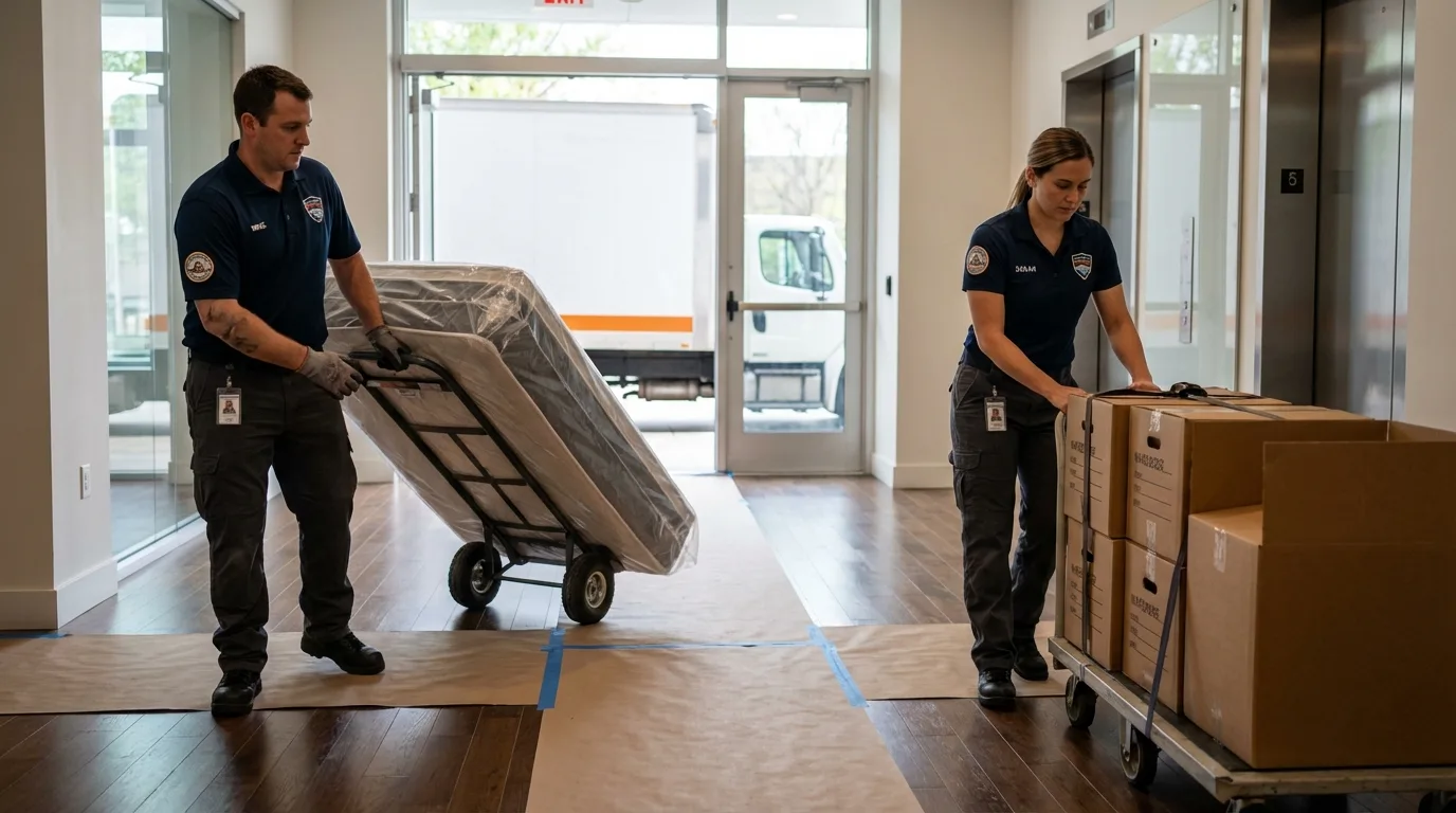 Professional apartment movers loading elevator in Crestview, FL