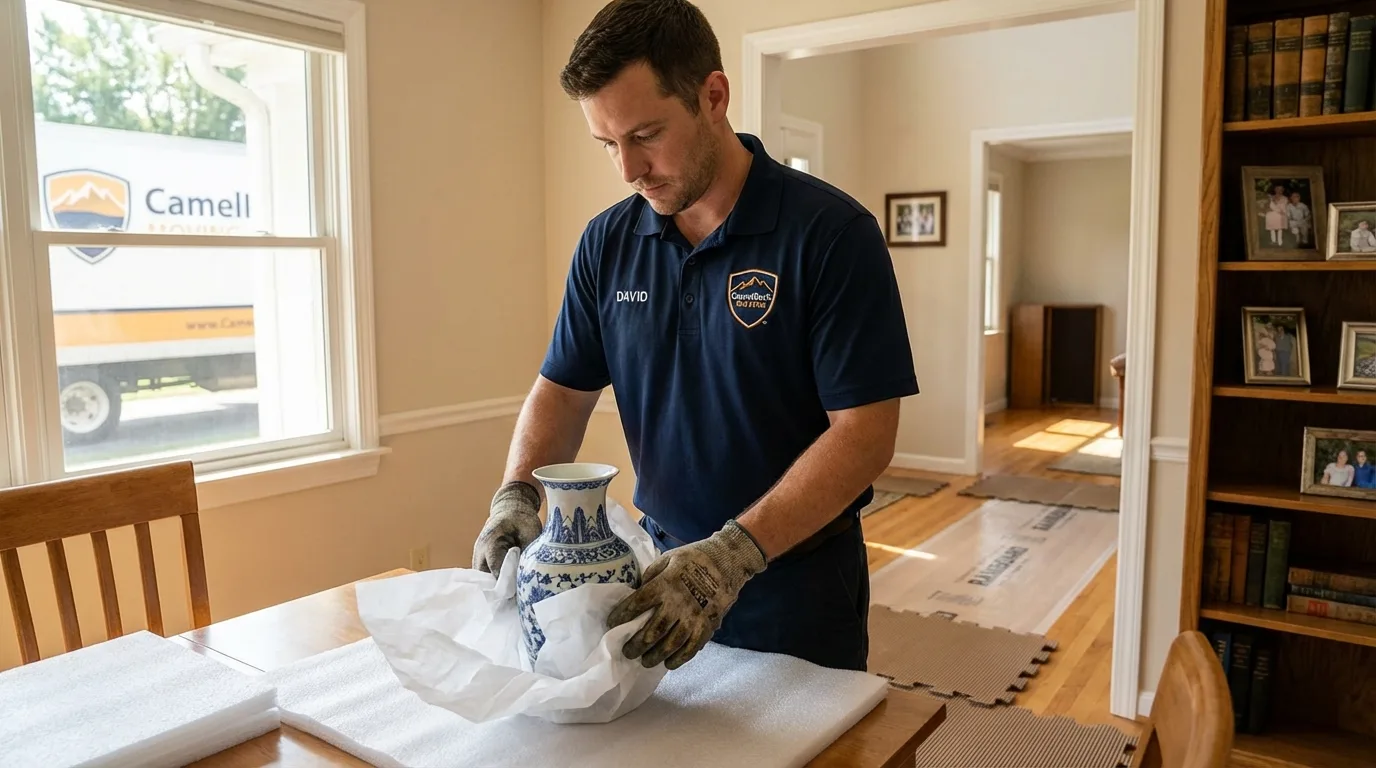 Professional crew carefully wrapping antique vase for senior downsizing move in Crestview, FL